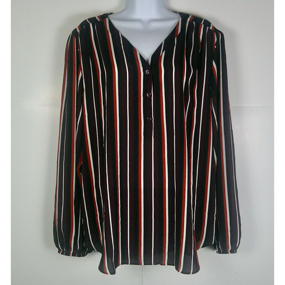 MAUNCES WOMEN MAROON STRIPED LONG SLEEVE BUTTON FRONT V-NECK BLOUSE. SIZE XL